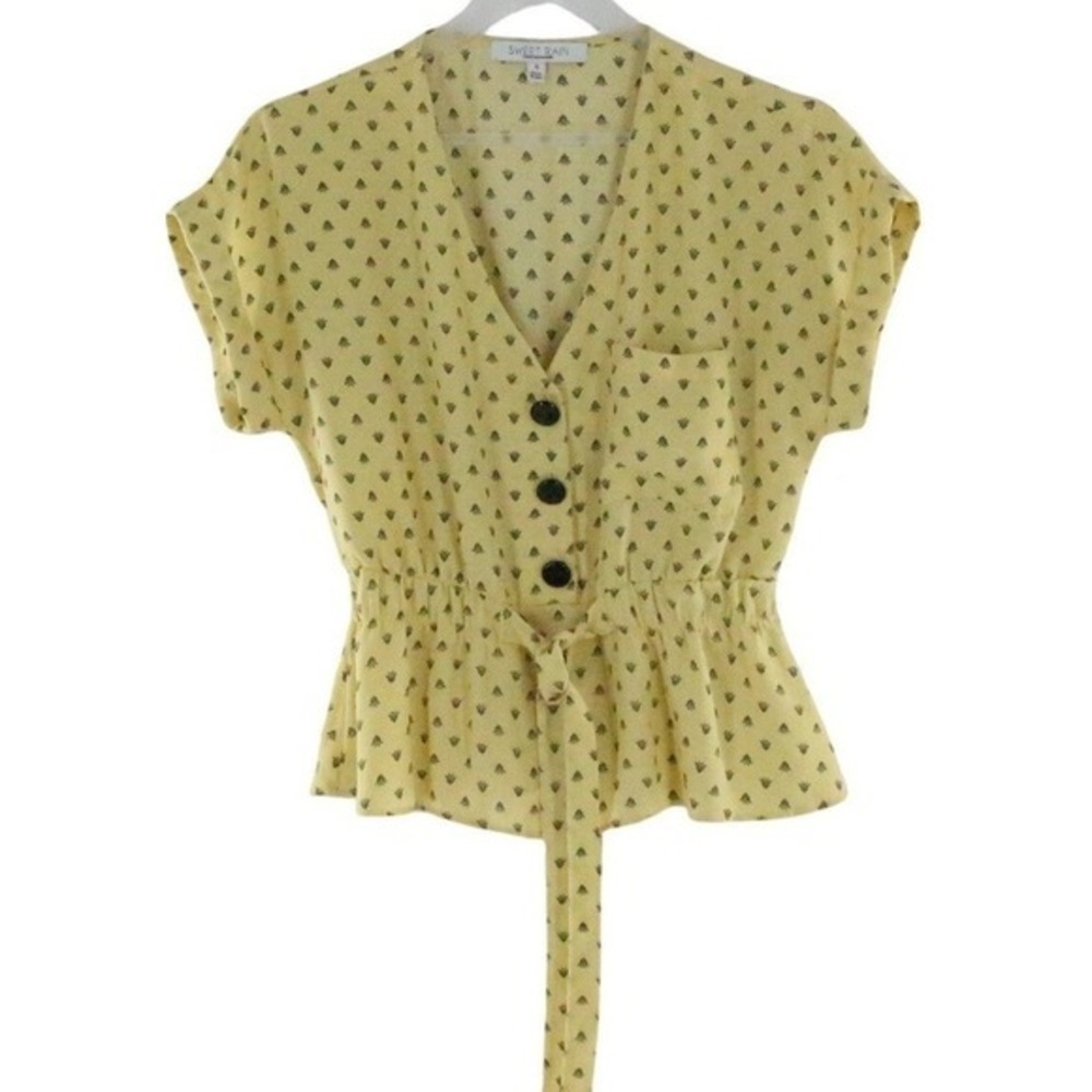 Sweet Rain Peplum Top Geometric Print Tie Waist Size Small Yellow T98529-A37‎